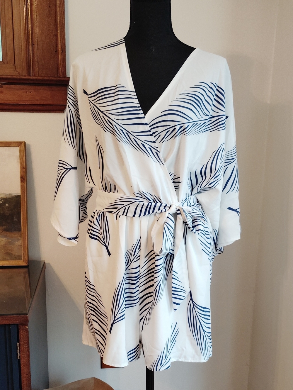 White & Navy Leaf-Print Wrap Dress with Tie Waist